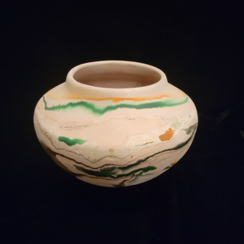 Nemadji Pottery Art Pottery Vase - Green Brown And Orange Swirl Tones - Signed